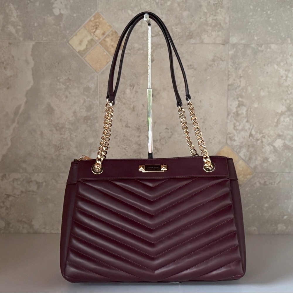 Michael Kors Whitney Medium Tote Shoulder Bag Qulited Stripe Oxblood